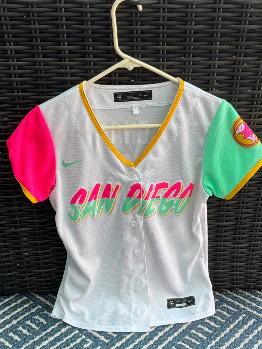 Nike womans San Diego Colorblock Baseball Jersey - White, Pink & Mint